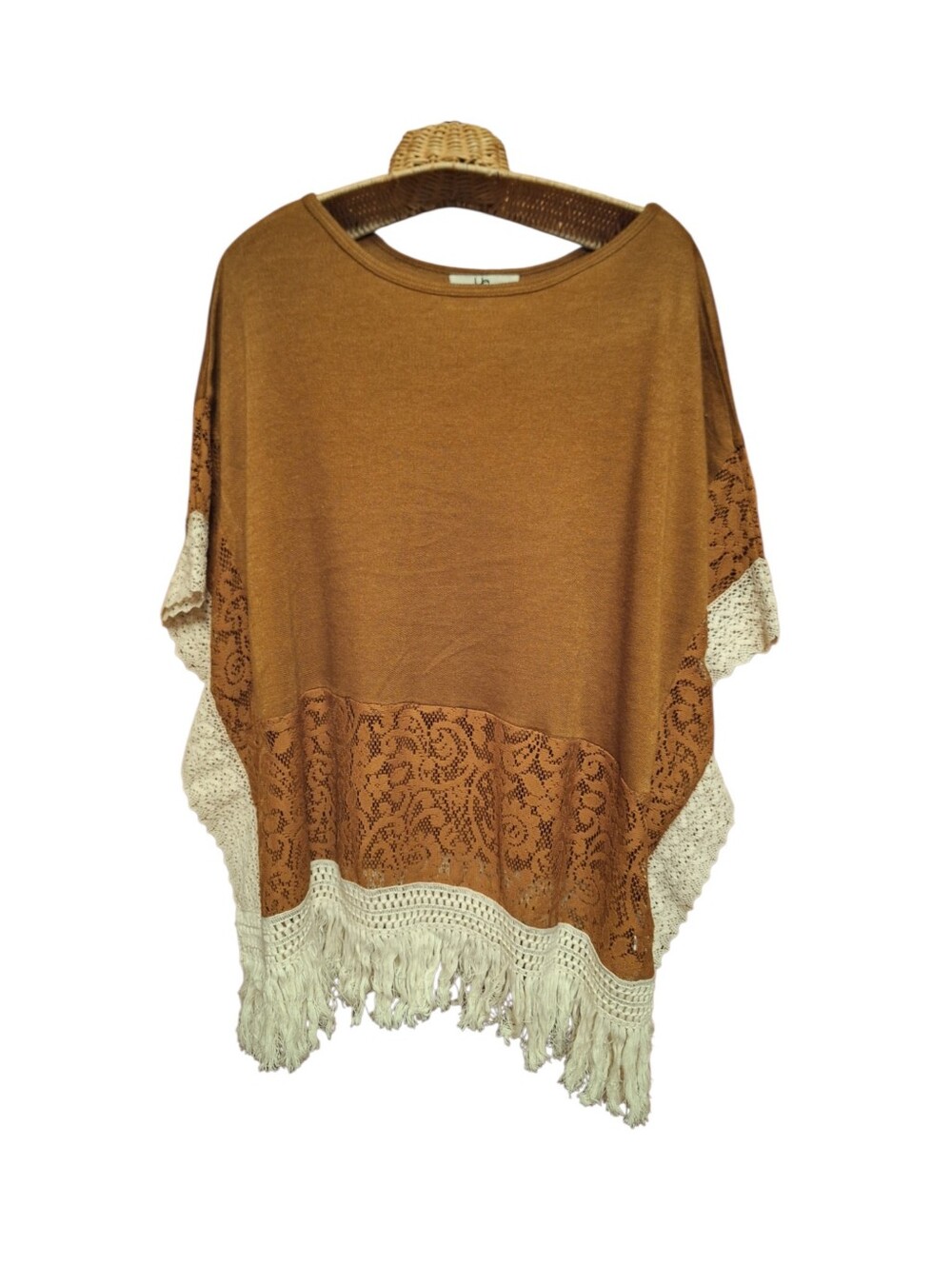 Boho Fringe Knit Poncho Sweater - Brown/Cream YA Pullover Ladies Oversized Small